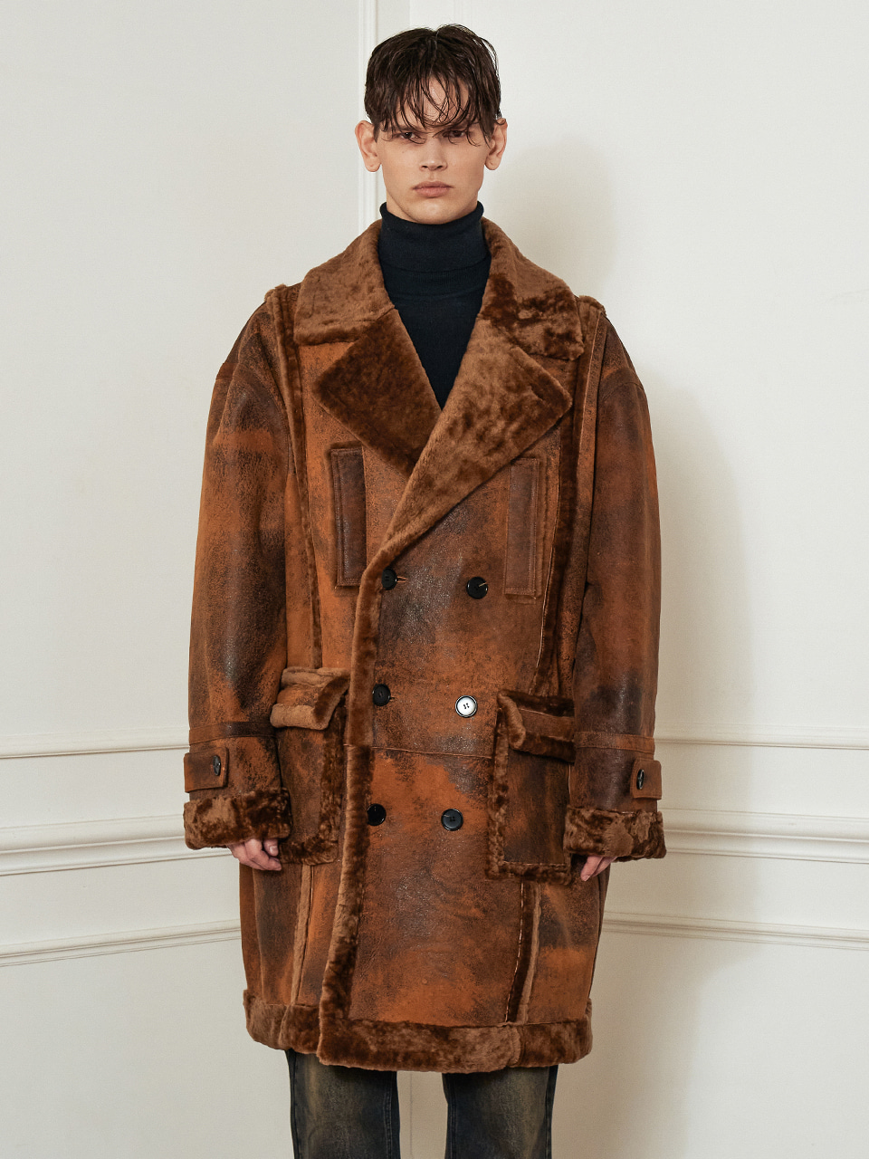LAMB LEATHER CONTRAST DOUBLE COAT MUSTANG_[BROWN]
