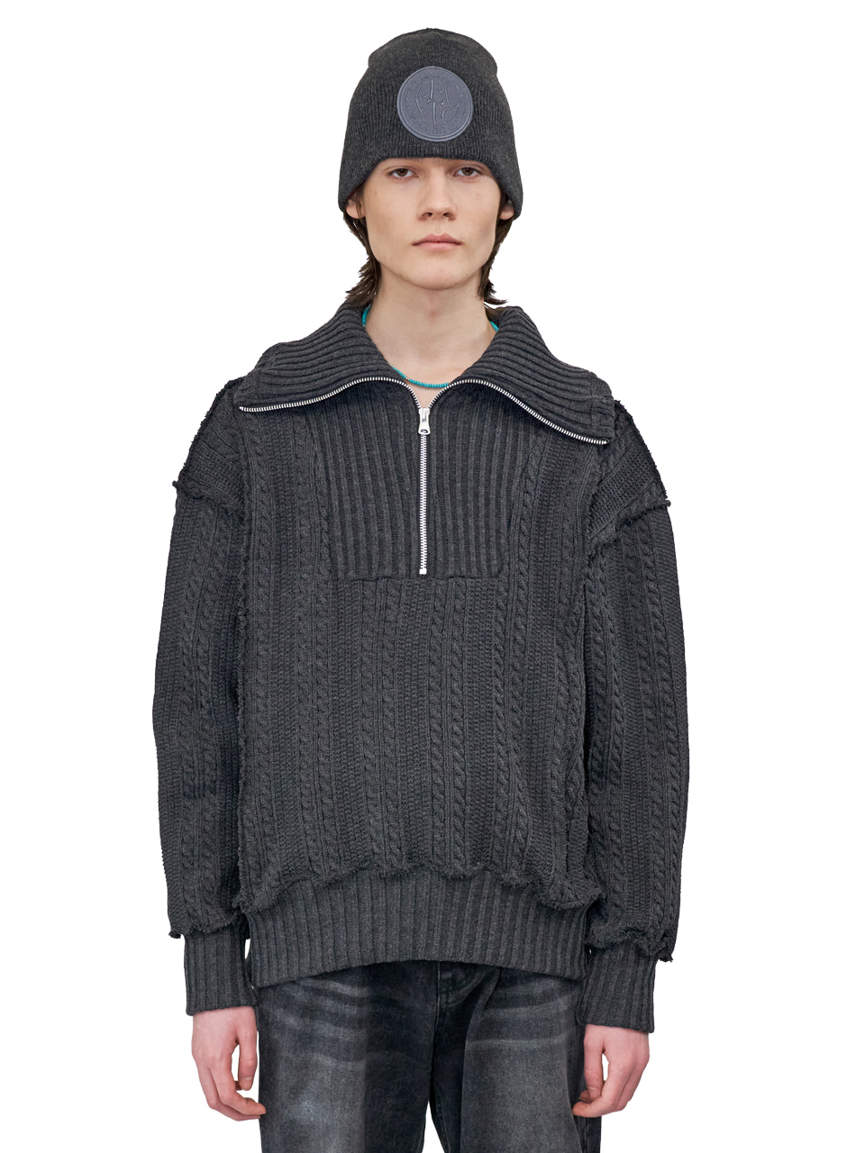 ZIP-UP COLLAR CABLE KNIT_[CHARCOAL]