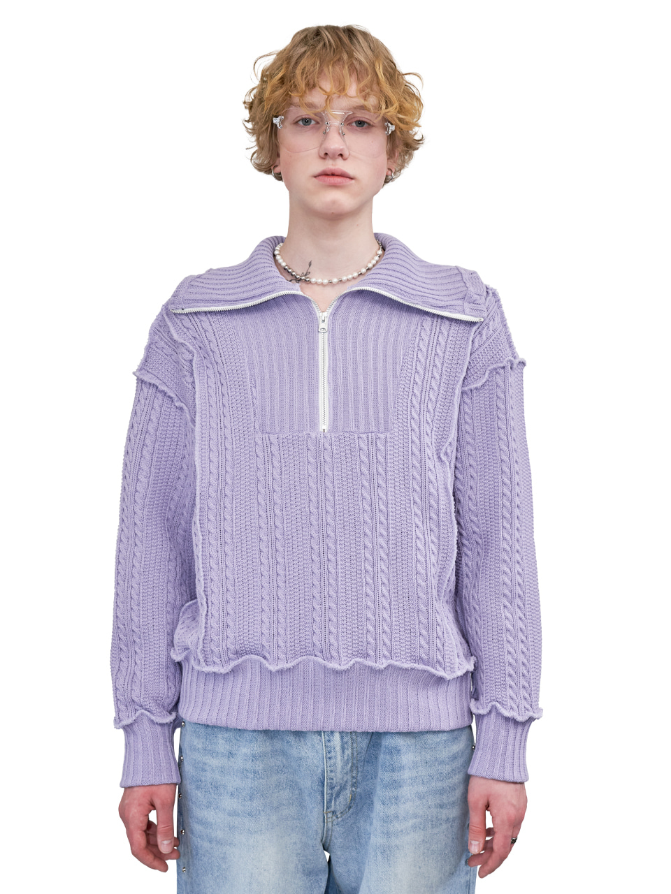 ZIP-UP COLLAR CABLE KNIT_[L.PURPLE]