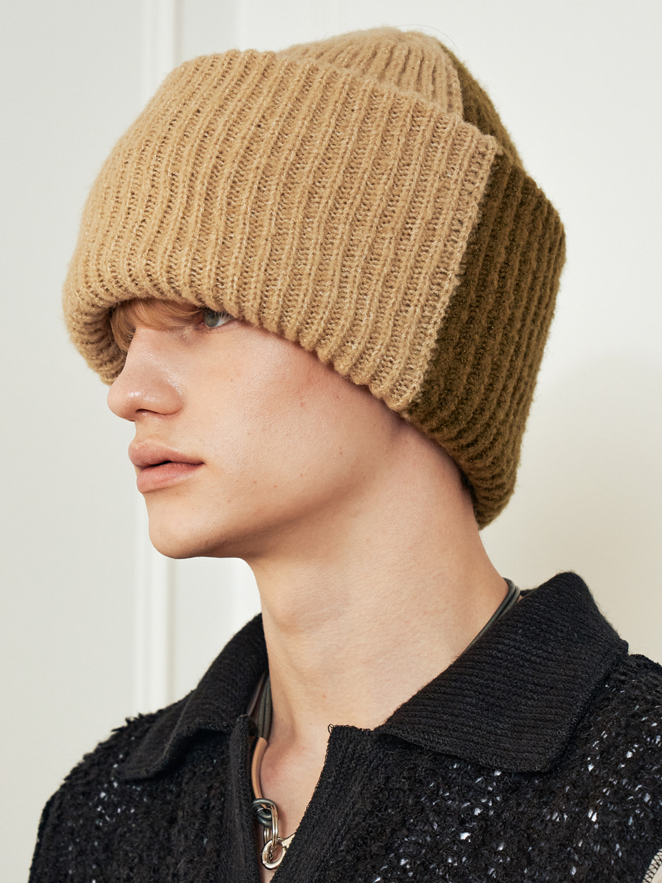 CONTRAST WIDE KNIT BEANIE_[BE/KH]