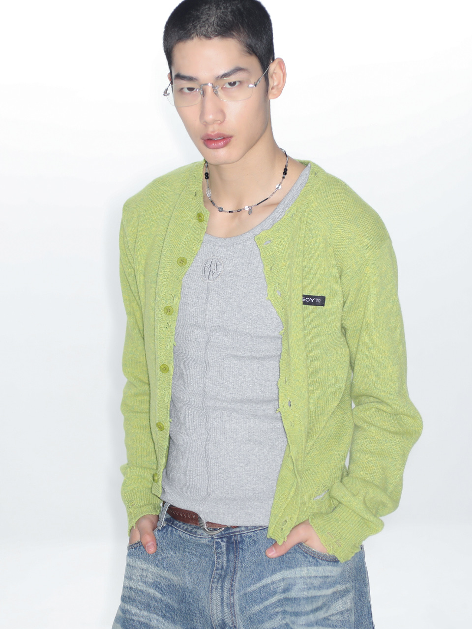 Destroyed Round Wool Knit Cardigan_[Olive]