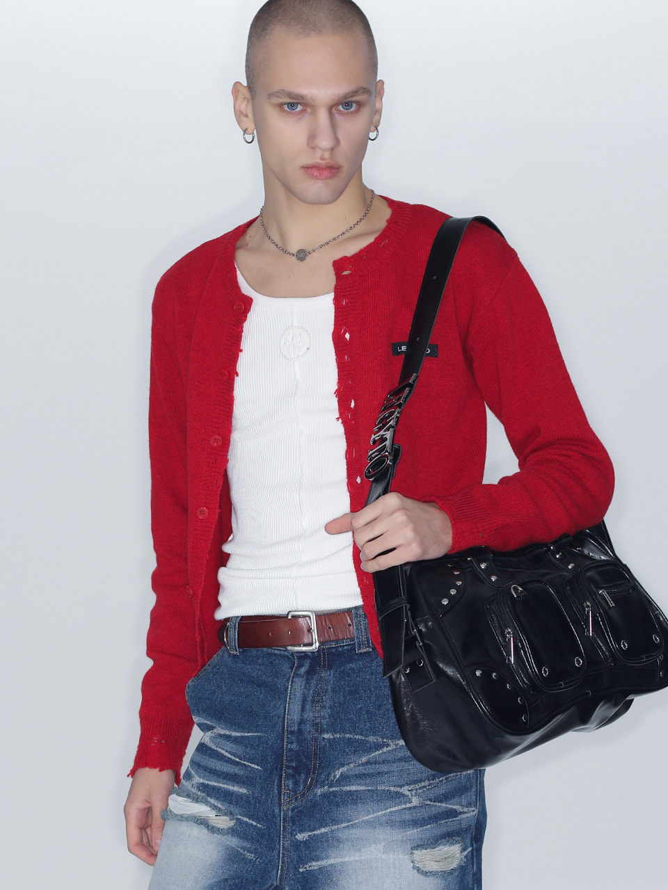 Destroyed Round Wool Knit Cardigan_[Red]